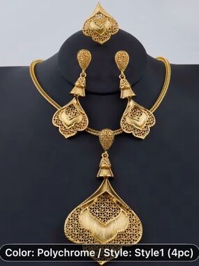4pcs 24k Gold-plated Filigree Pendant Necklace, Earrings & Ring Set
